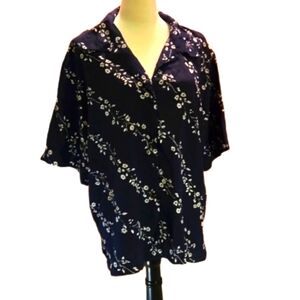 Attitude Dark Midnight Blue Top White Floral Print Short Sleeve Women size 22